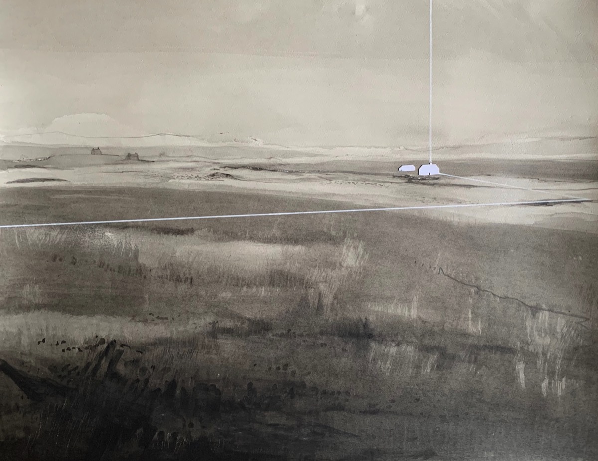 Deborah Grice ink drawing of a misty coastal landscape with an abstract white shaft of light and collaged white cottage