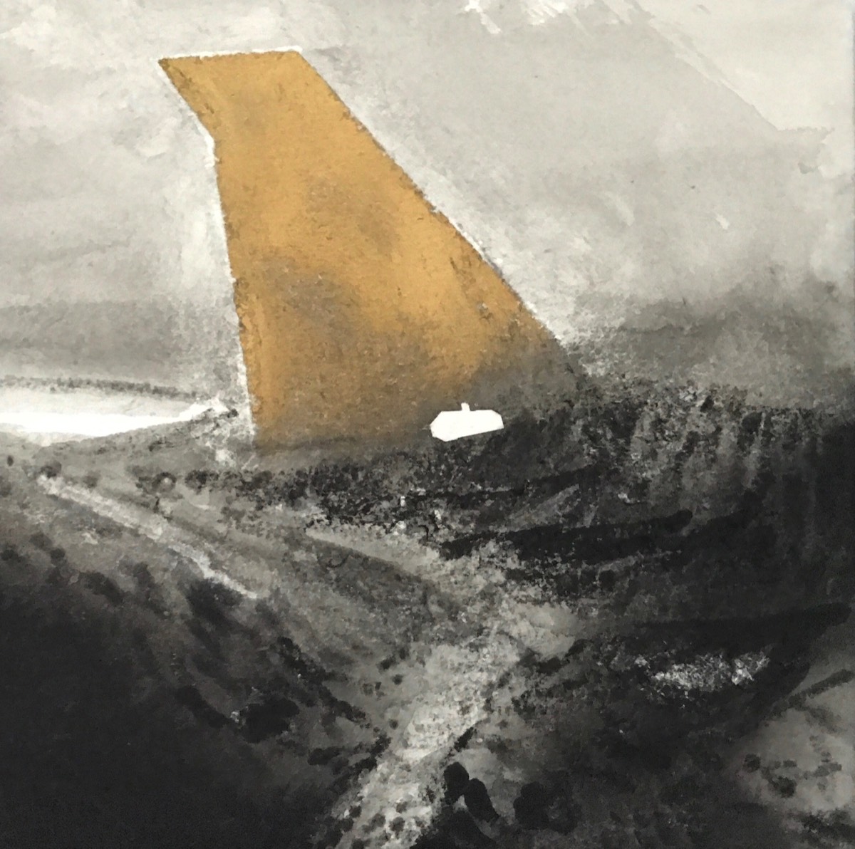 Deborah Grice ink drawing of a misty coastal landscape with an abstract gold shaft of light and collaged white cottage 