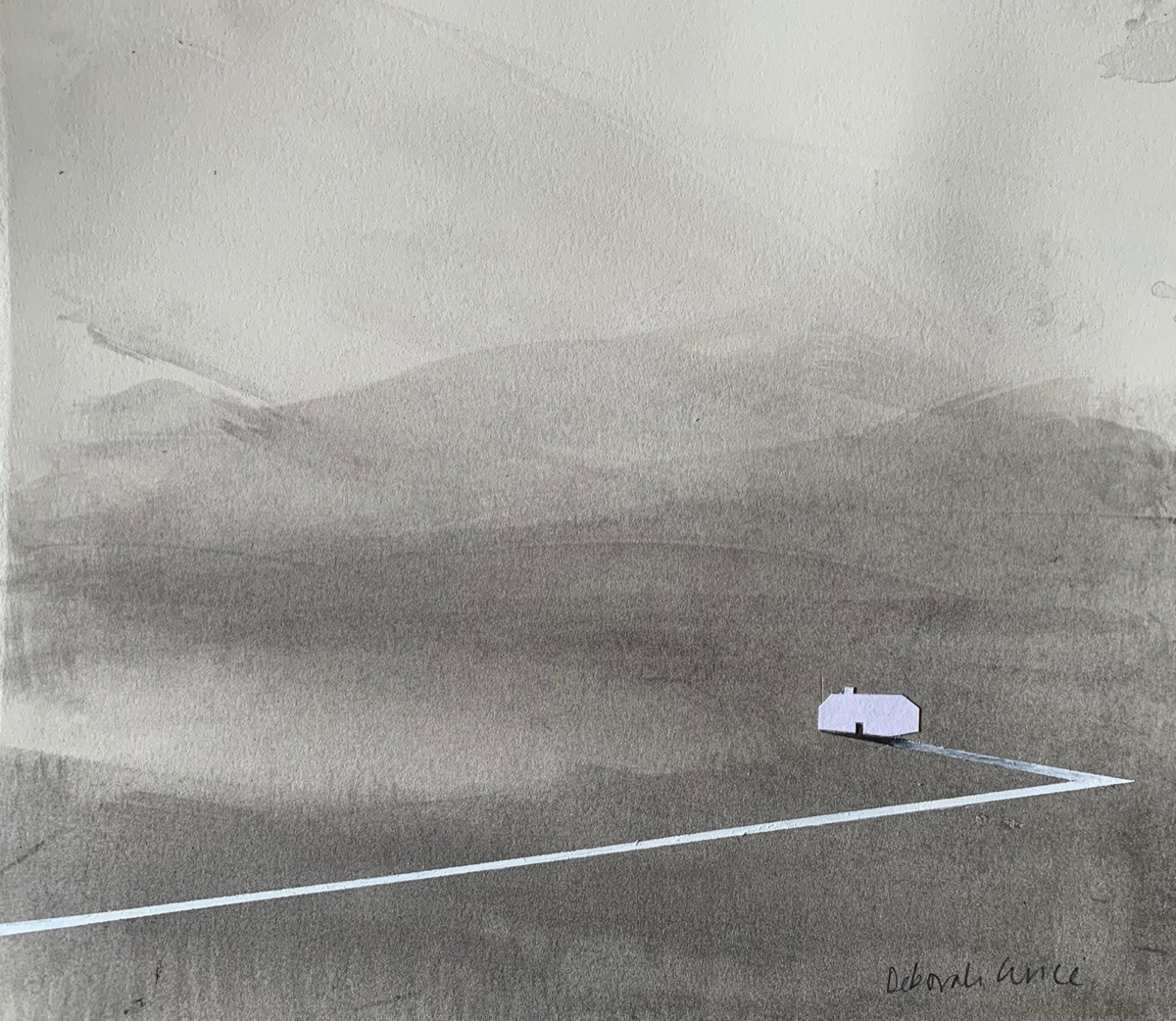Deborah Grice ink drawing of a misty coastal landscape with an abstract white line and collaged white cottage