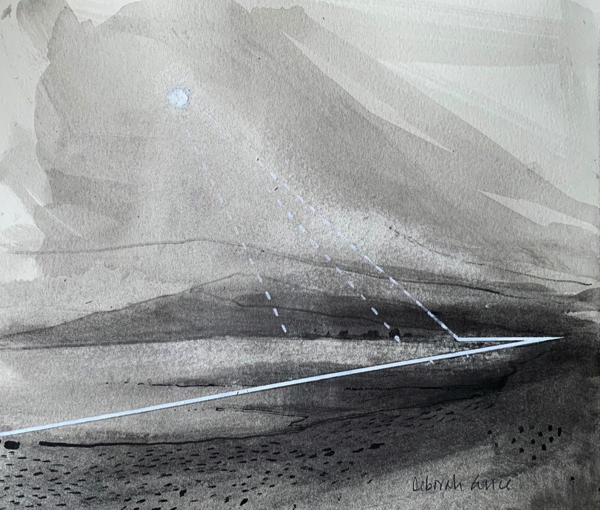 Deborah Grice ink drawing of a misty coastal landscape with abstract white lines