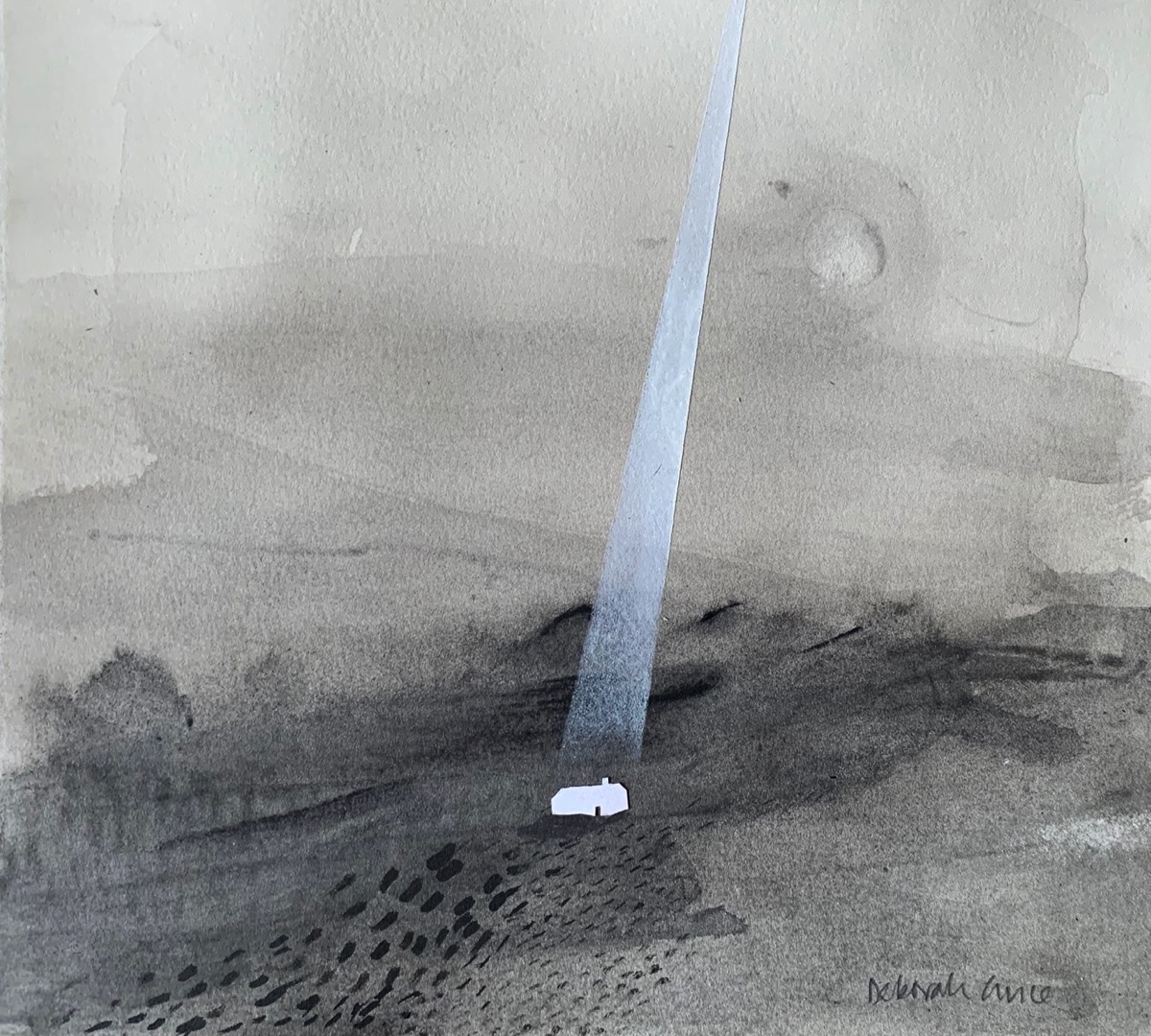 Deborah Grice ink drawing of a misty coastal landscape with an abstract white shaft of light and collaged white cottage