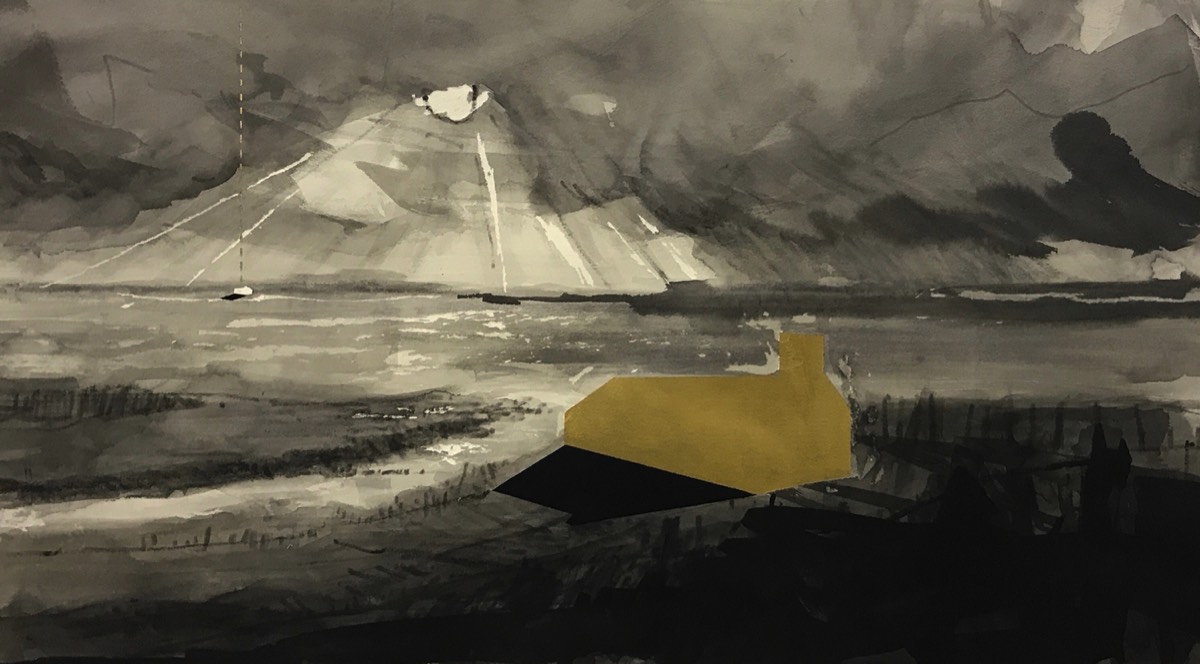 Deborah Grice ink drawing of a misty coastal landscape with gold abstract building and deep shadow 