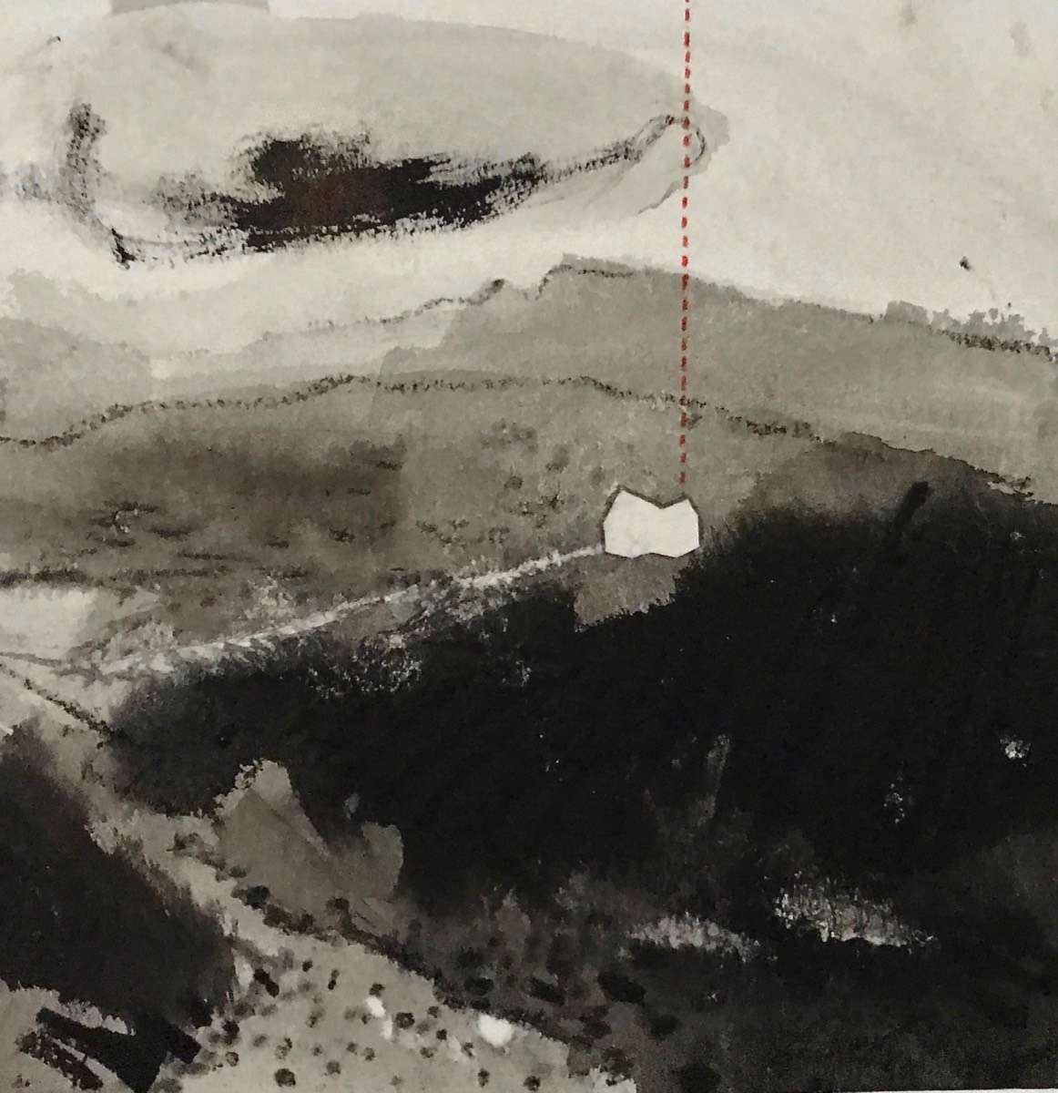 Deborah Grice ink drawing of a misty coastal landscape with an abstract red shaft of light and collaged white cottage 