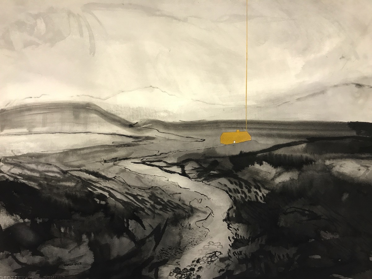 Deborah Grice ink drawing of a misty coastal landscape with an abstract gold shaft of light and collaged gold cottage