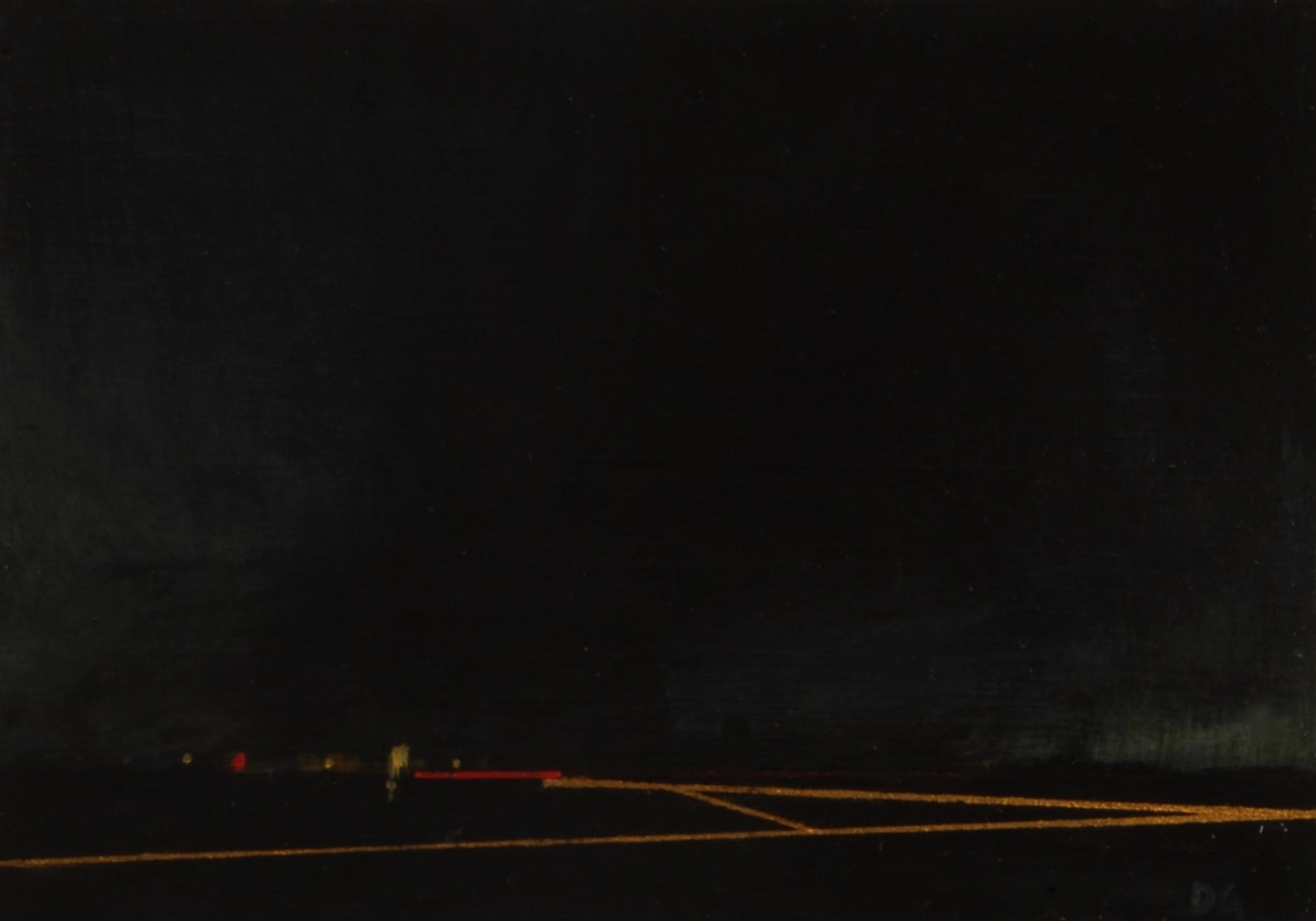Deborah Grice nocturne oil painting of a dark evening abstract landscape with evening street lights on horizon and gold lines