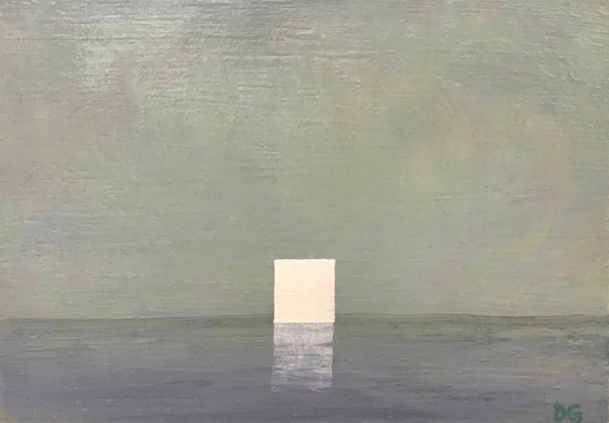 Deborah Grice oil painting of a misty coastal landscape with an abstract white cube on the horizon