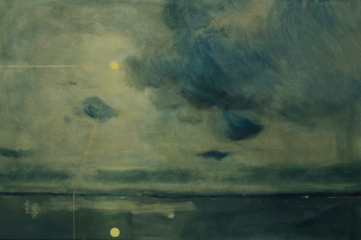 Deborah Grice oil painting of a moonlit storm over sea with geometric lines 