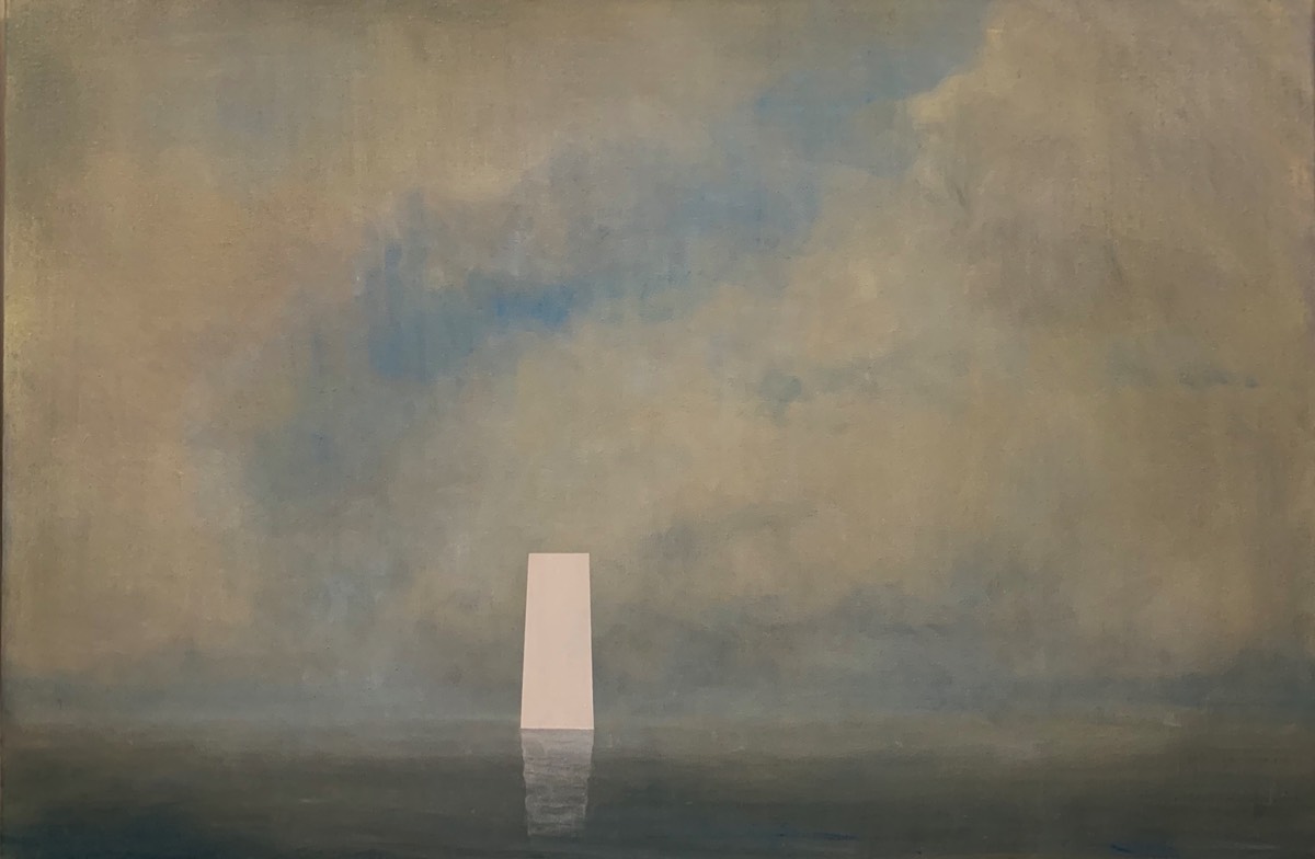 Deborah Grice Oil Painting of serene sea with clouds and abstract geometric obelisk