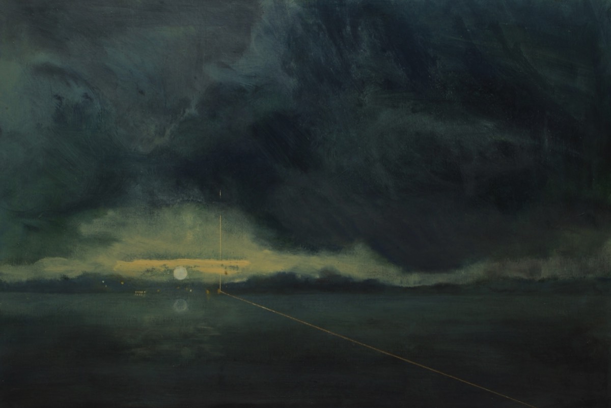 Deborah Grice oil painting of a moonlit storm over sea with gold geometric lines 