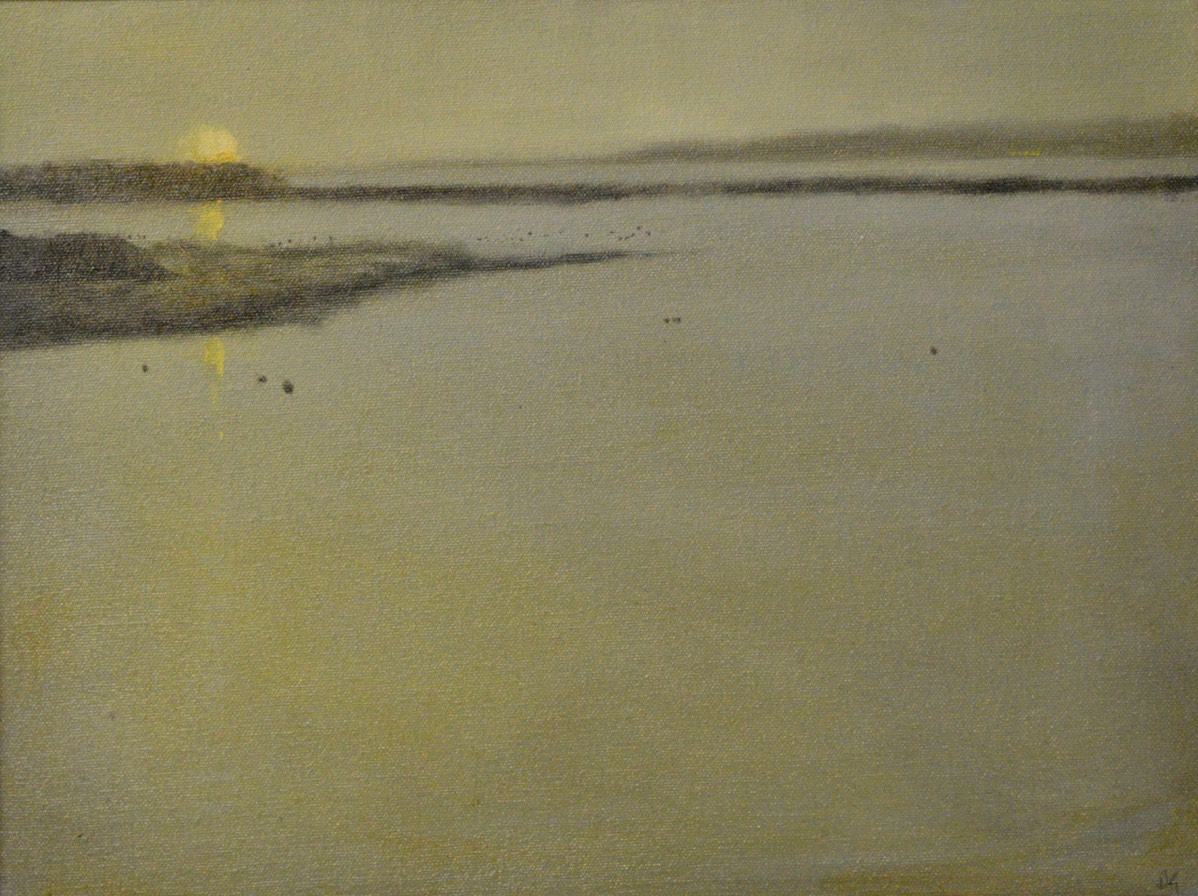 Deborah Grice oil painting of a misty coast with an orange sunset