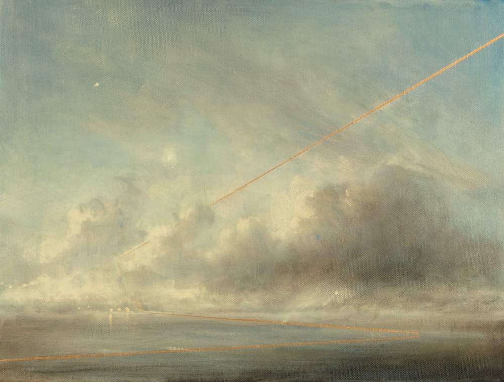 oil painting of coastal sunset with clouds and gold line 