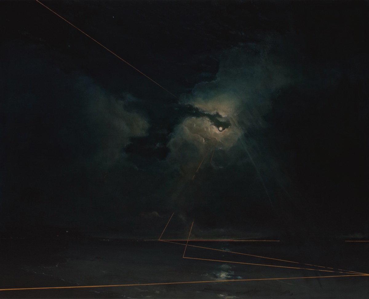 Deborah Grice Oil Painting of clouds and a storm over moonlit coast with gold geometric line