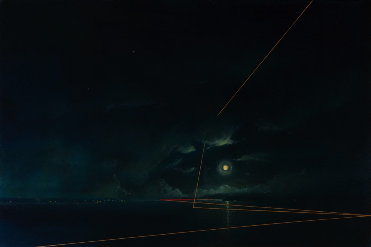 Deborah Grice Oil Painting of moonlit evening storm overthe sea with gold and red geometric lines