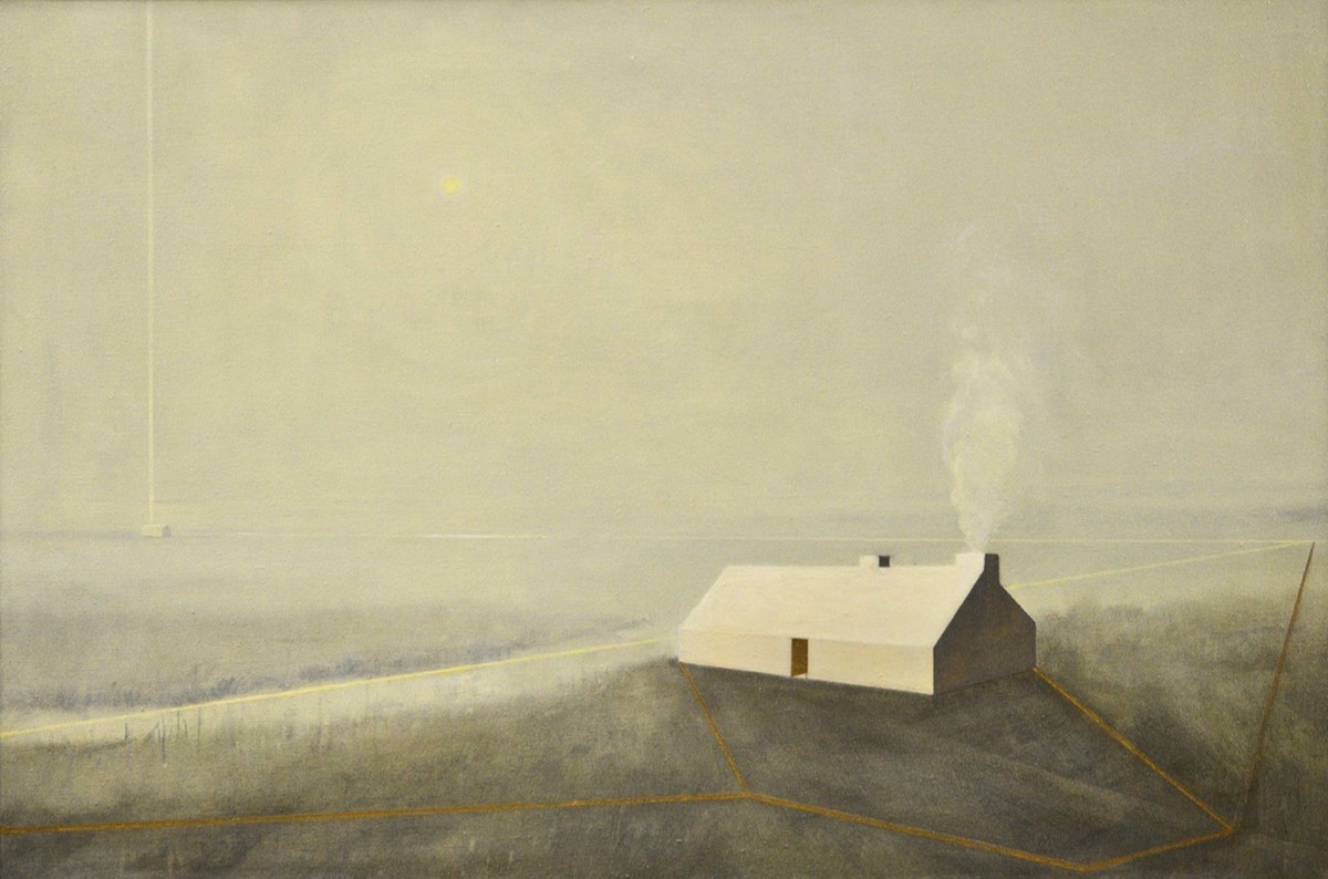 Deborah Grice oil painting of a misty coastal landscape with a abstract gemetric house and gold lines