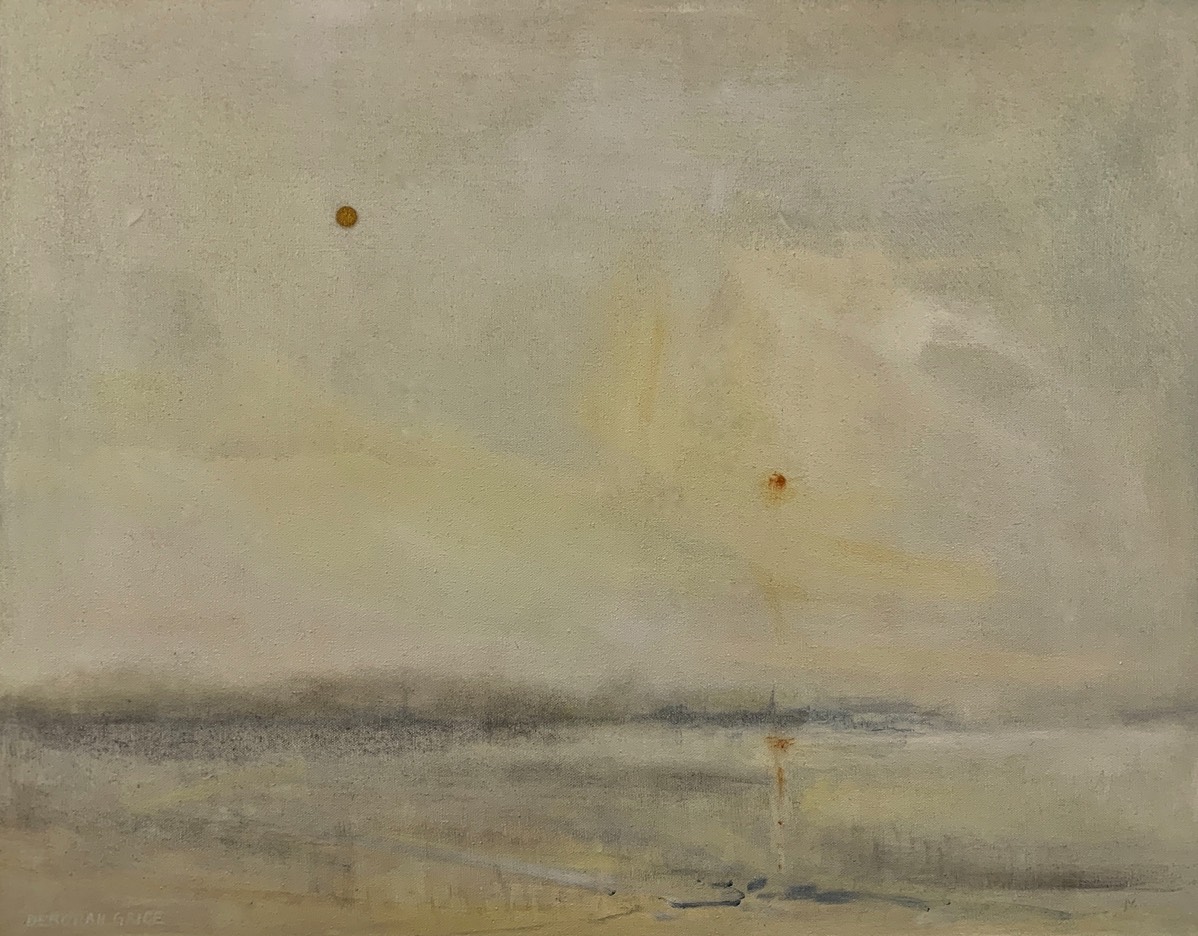 Deborah Grice oil painting of a misty coast with an orange sun and golden moon