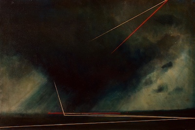 'All Shall Be Well' Deborah Grice contemporary  nocturnal oil painting of a coastline with streetlights on the opposite shore. With red and gold geometric lines.