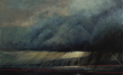 'Hope's Future' Deborah Grice contemporary  nocturnal oil painting of a coastline with streetlights on the opposite shore. With red and gold geometric  lines.