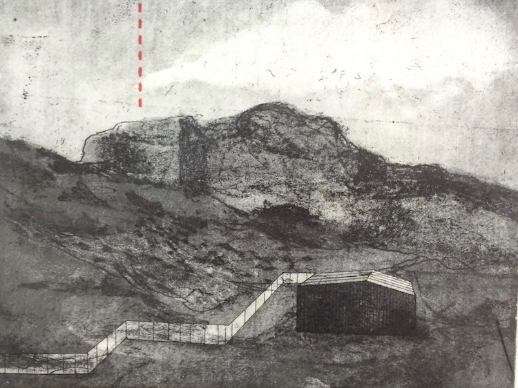 Deborah Grice Aquatint limited edtion print of landscape and abstract geometric buildings